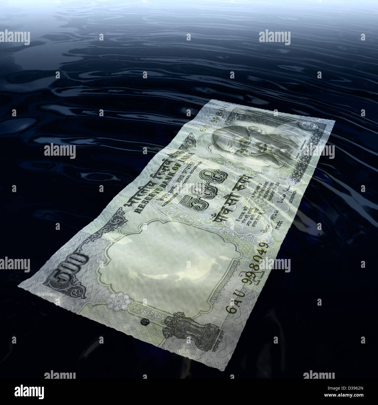 Conceptual shot of underwater paper currency depicting bankruptcy Stock