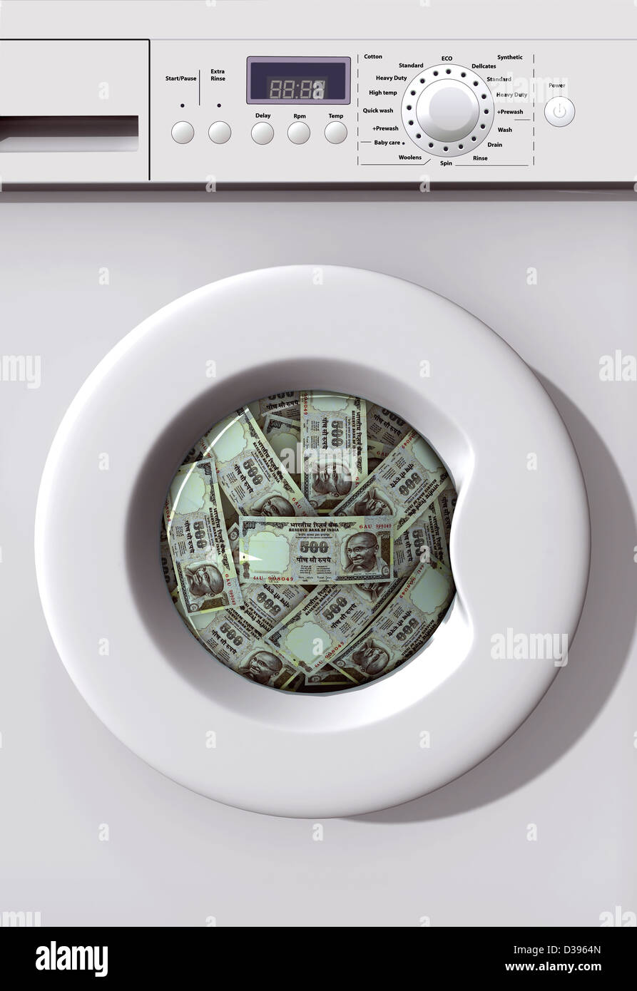 Money Laundry - a washing machine with Indian currency notes inside Stock Photo