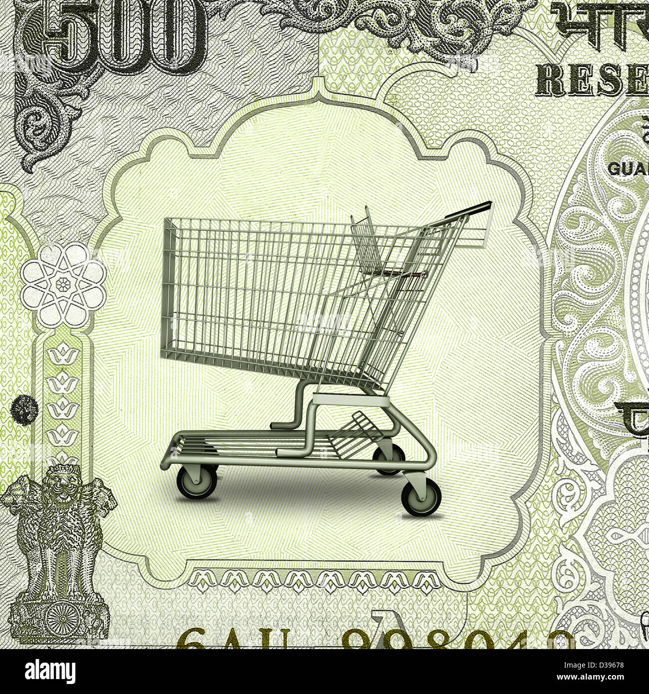 Shopping cart on Indian currency note Stock Photo