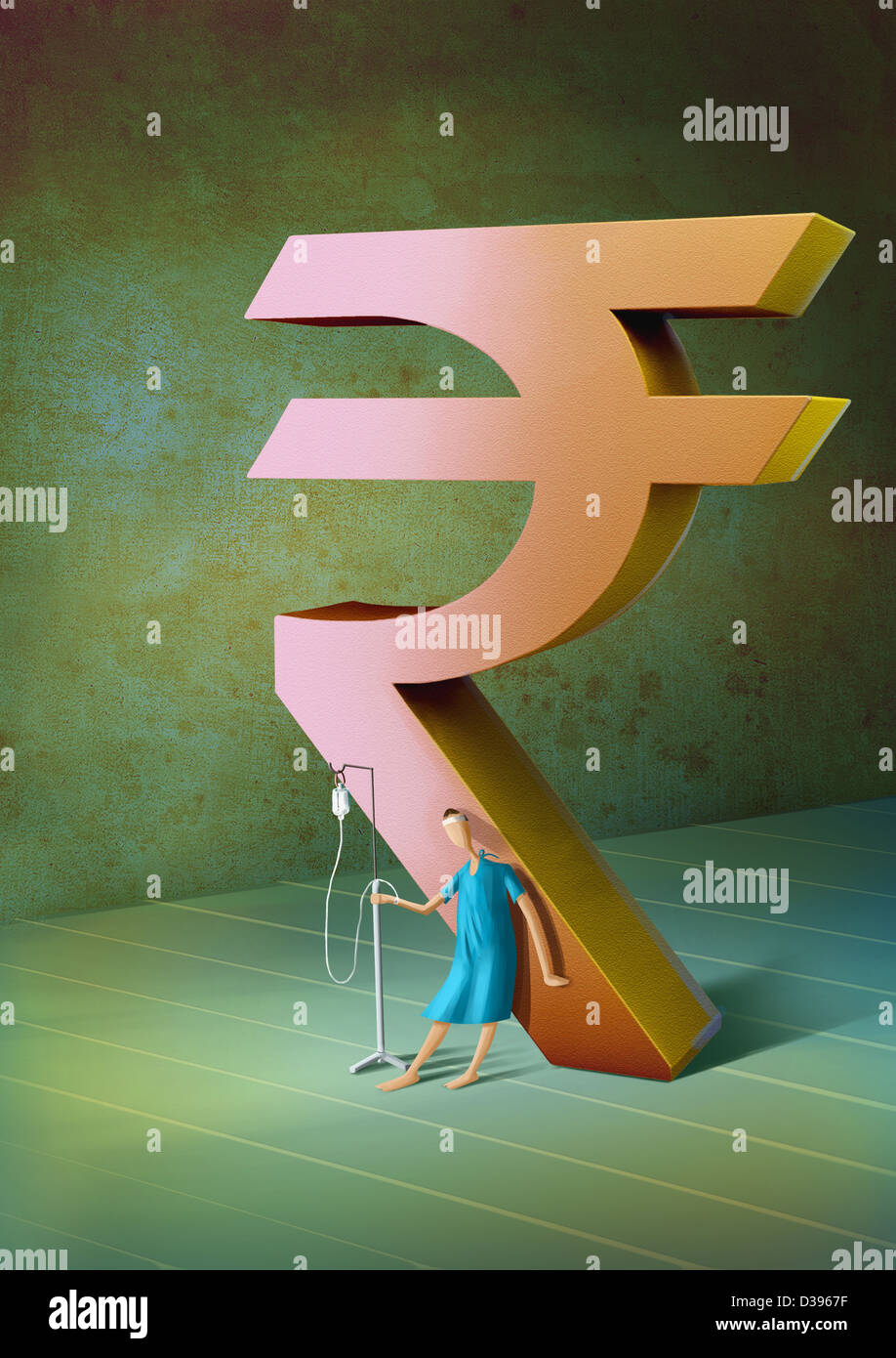 Male patient with standing intravenous drip leaning to Indian Rupee symbol Stock Photo