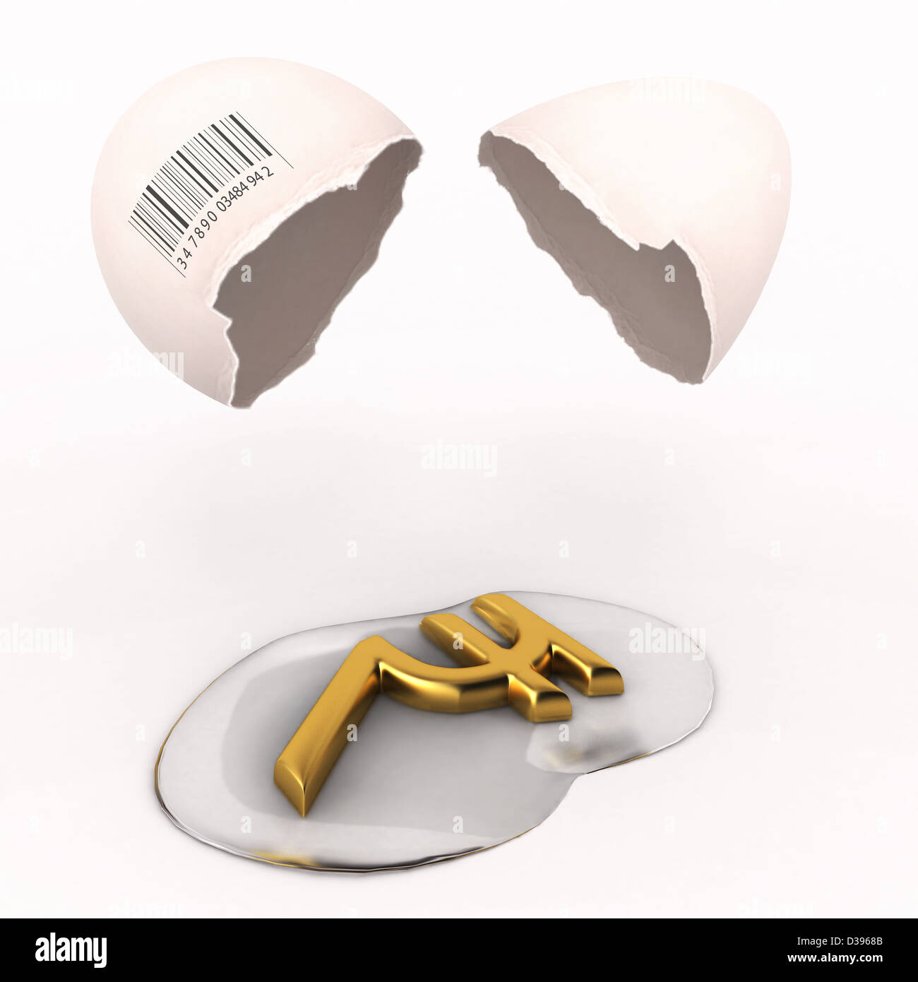 Broken egg with barcode and Indian Rupee symbolizing the concept of new business Stock Photo