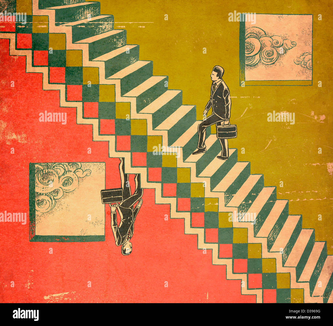 Conceptual illustration of businessmen on steps representing success and failure of business Stock Photo