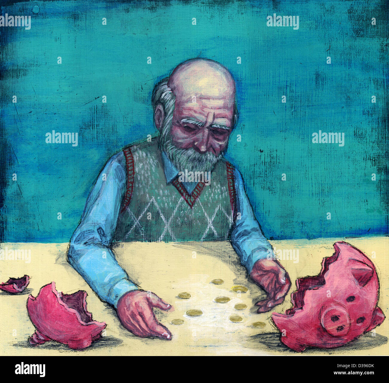 Conceptual illustration of elderly man with broken piggy bank Stock Photo