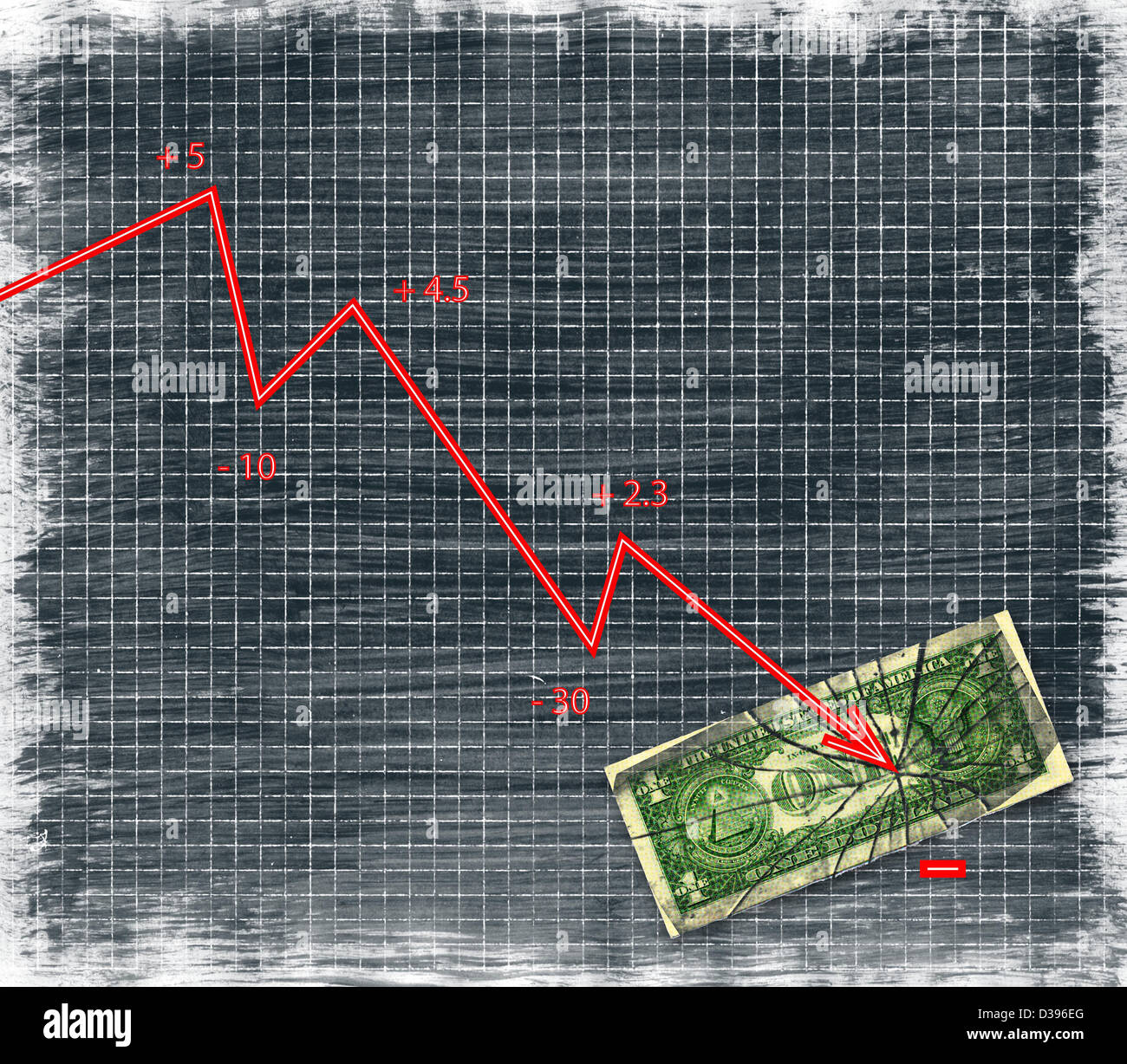 Conceptual illustration of arrow sign smashing currency indicating wrong investment Stock Photo