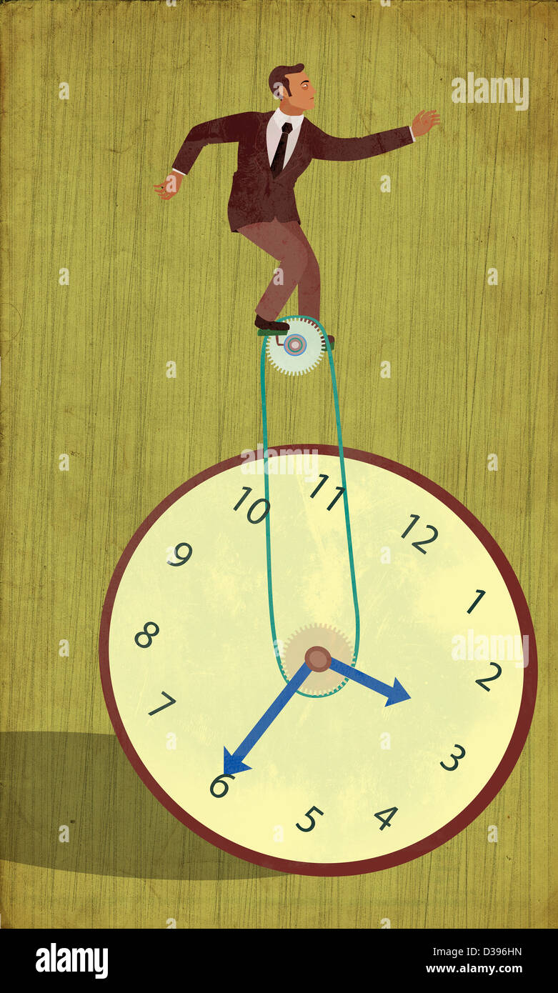 Conceptual illustration of businessman on unicycle of clock representing time management Stock Photo
