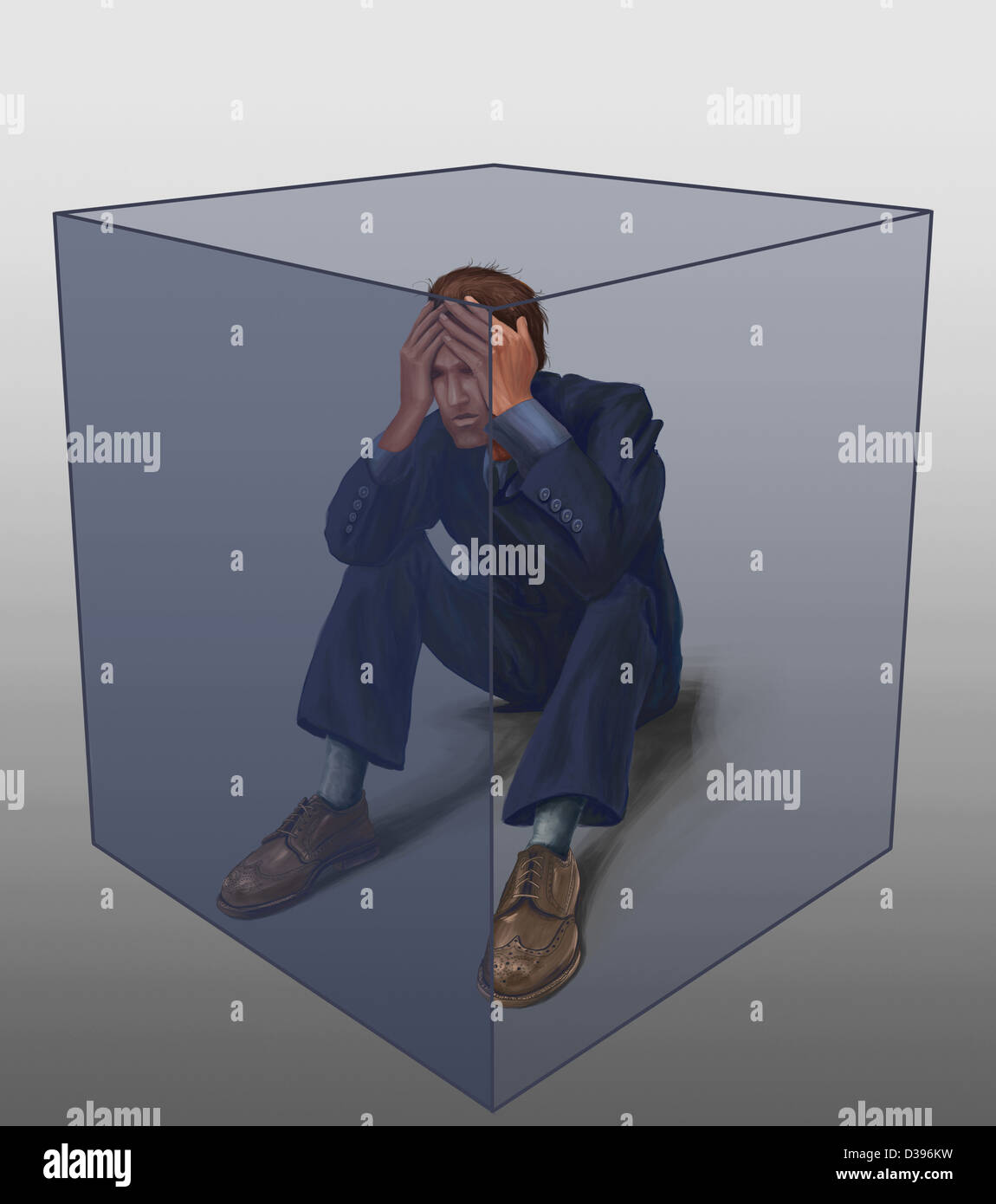 Illustration of exhausted businessman captive in transparent cube over colored background Stock Photo