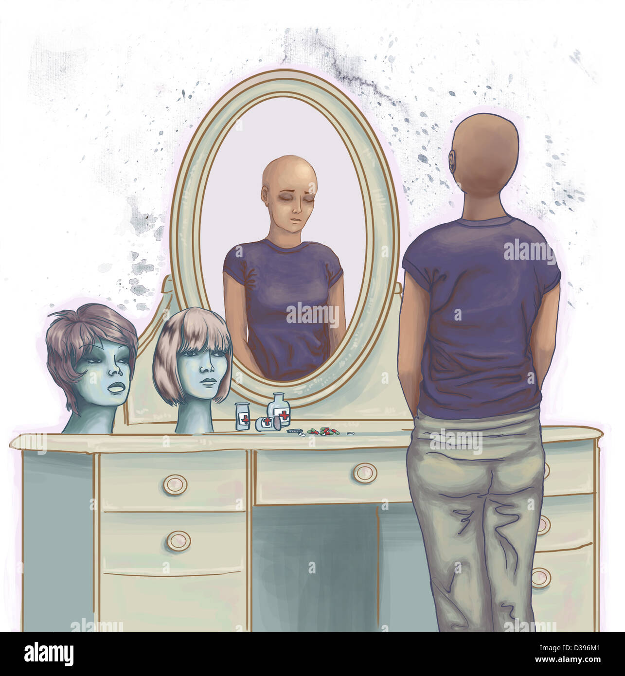 Illustrative image of dejected cancer woman standing in front of dressing table Stock Photo