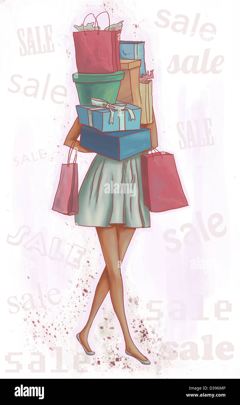 Conceptual illustration of woman carrying loads of gift box Stock Photo