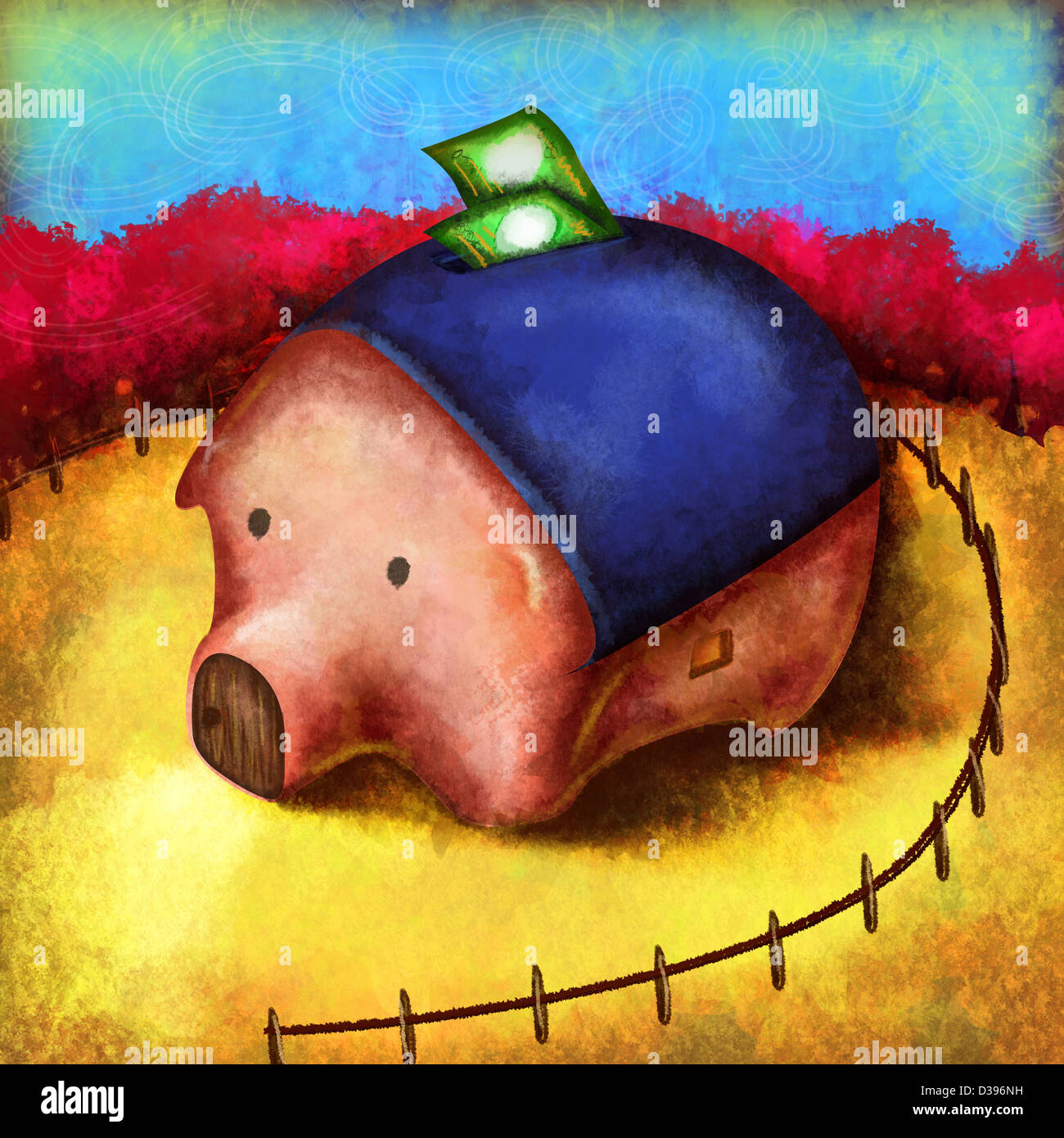 Illustrative image of piggy bank with surrounding fence representing security of retirement funds Stock Photo