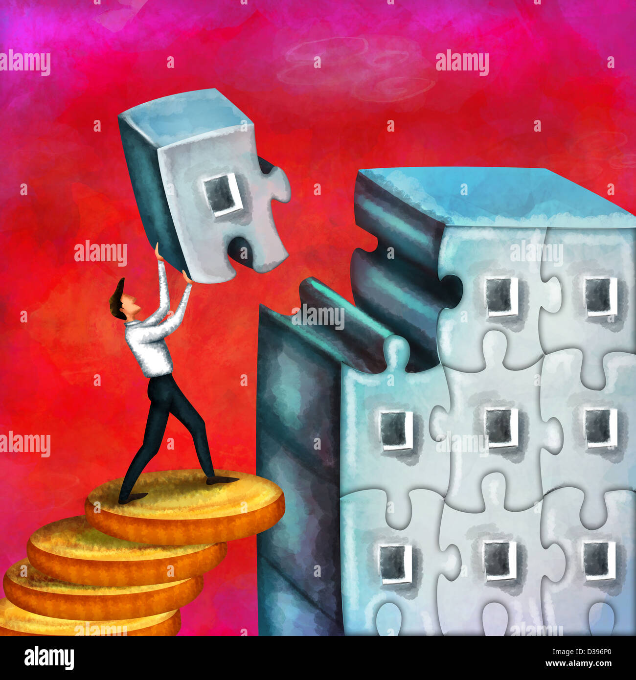 Successful businessman standing on stack of coins carrying a puzzle piece trying to complete office building Stock Photo