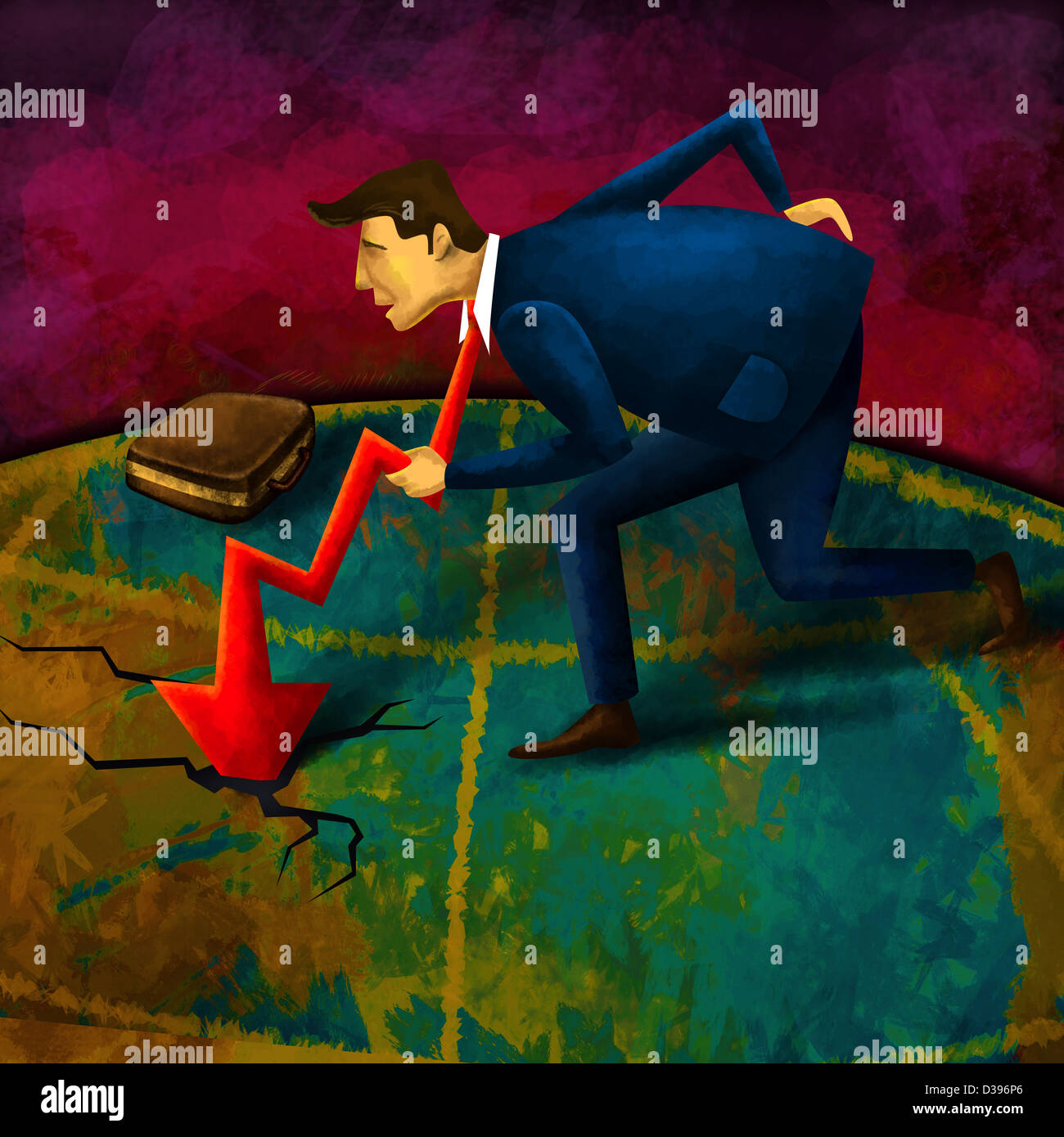 Conceptual shot of businessman's tie with downward arrow depicting failure in performance Stock Photo