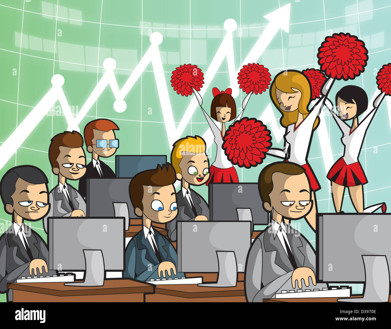 Illustrative image of business people competing for incentive with cheerleading team Stock Photo
