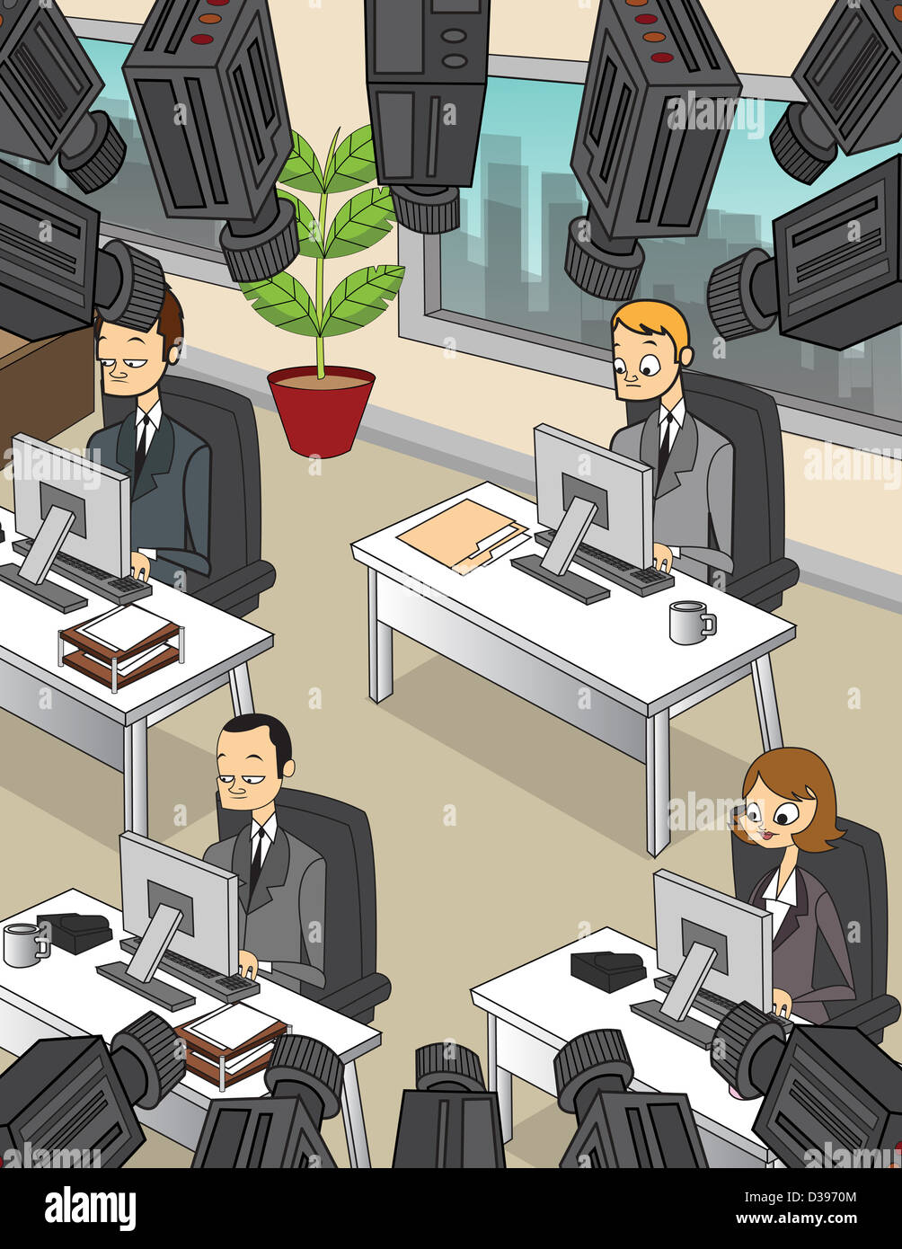 Conceptual illustration of business people working with security cameras depicting surveillance of employees Stock Photo
