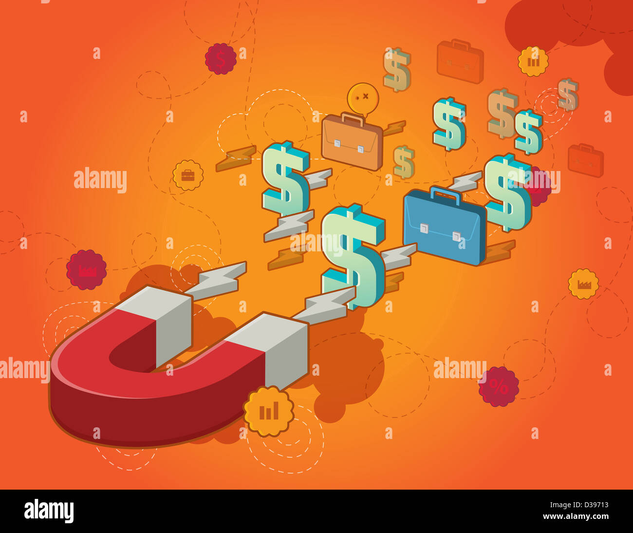 Illustration of horseshoe accumulating dollar signs and