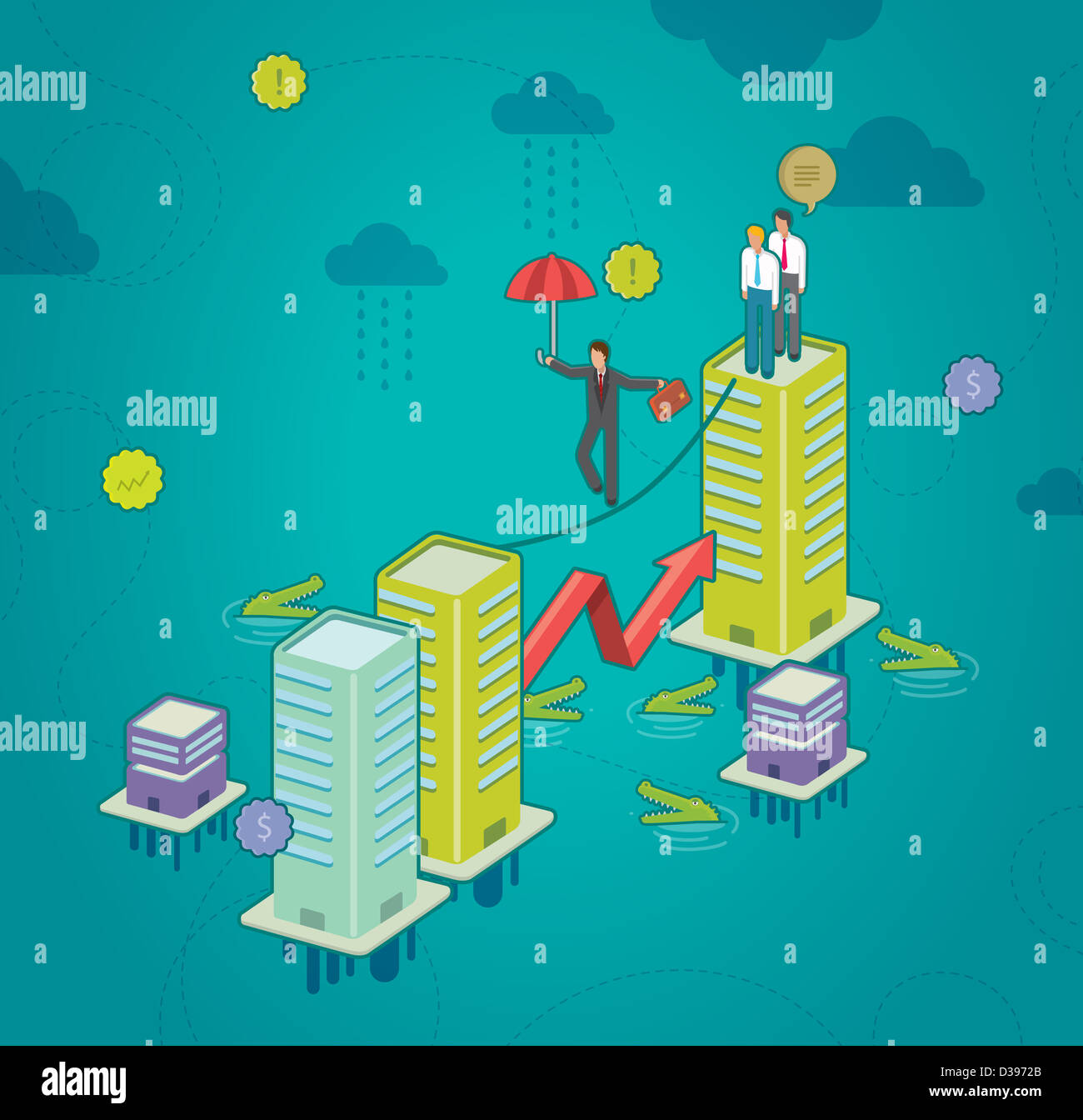 Illustration of businessman on a tightrope holding umbrella with crocodiles in water depicting risk in business Stock Photo
