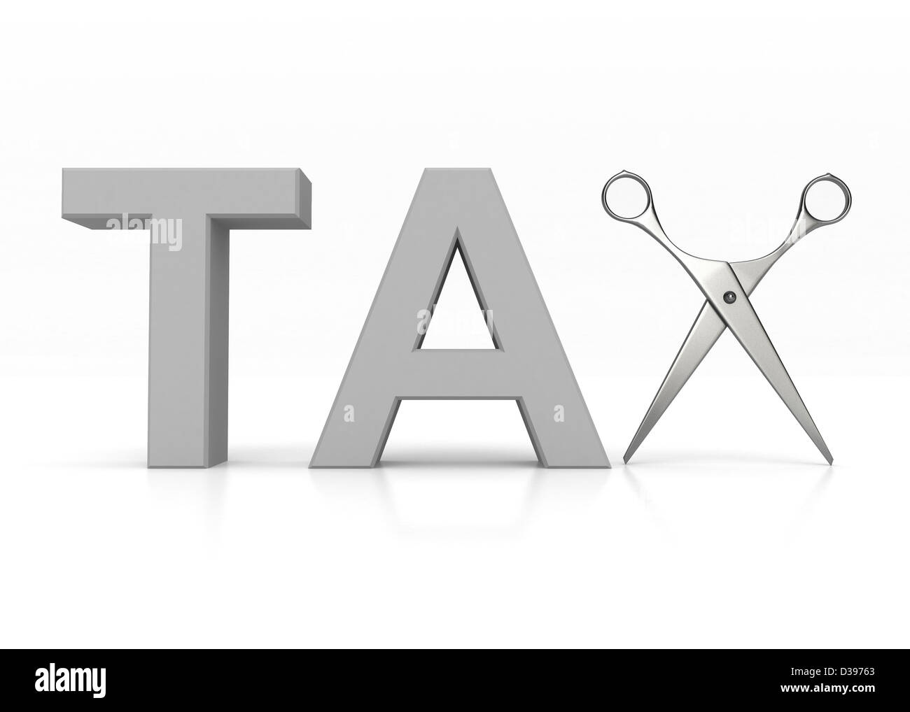 Conceptual shot of scissors forming tax over white background Stock Photo