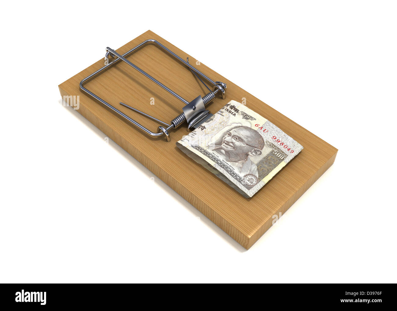 Conceptual shot of paper currency placed on mouse trap over white background Stock Photo