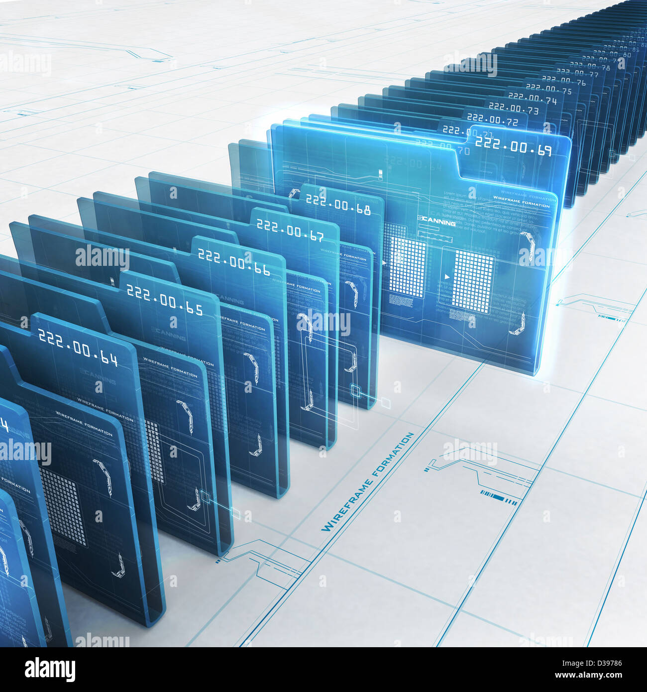 Row of virtual folders with data inside Stock Photo