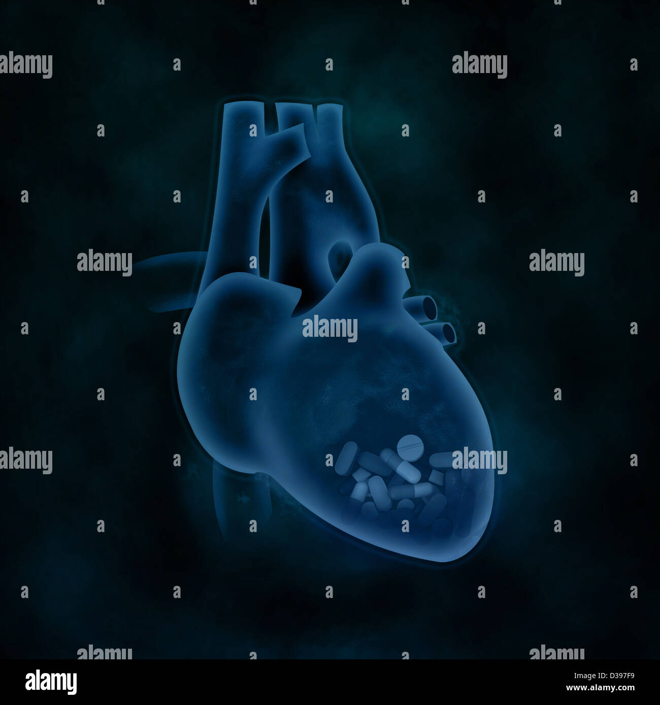 Conceptual shot of capsules in heart representing heart issues Stock Photo