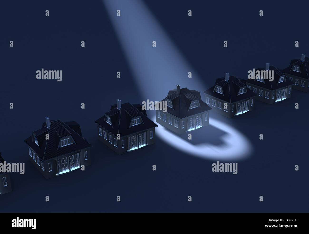 Conceptual shot of spotlight on detached model house Stock Photo Alamy