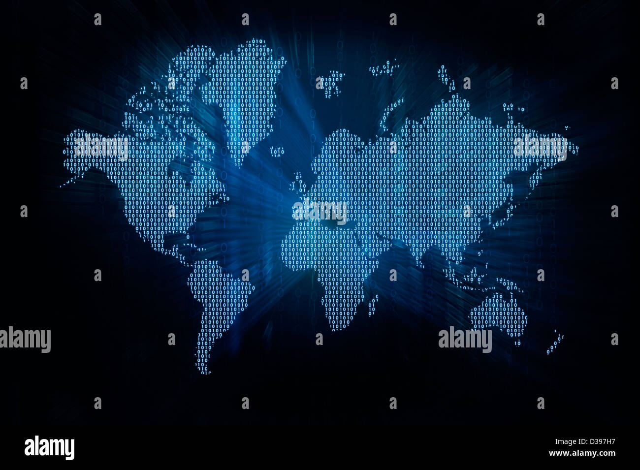 Conceptual shot of blue world map of binary digits glowing over black background Stock Photo