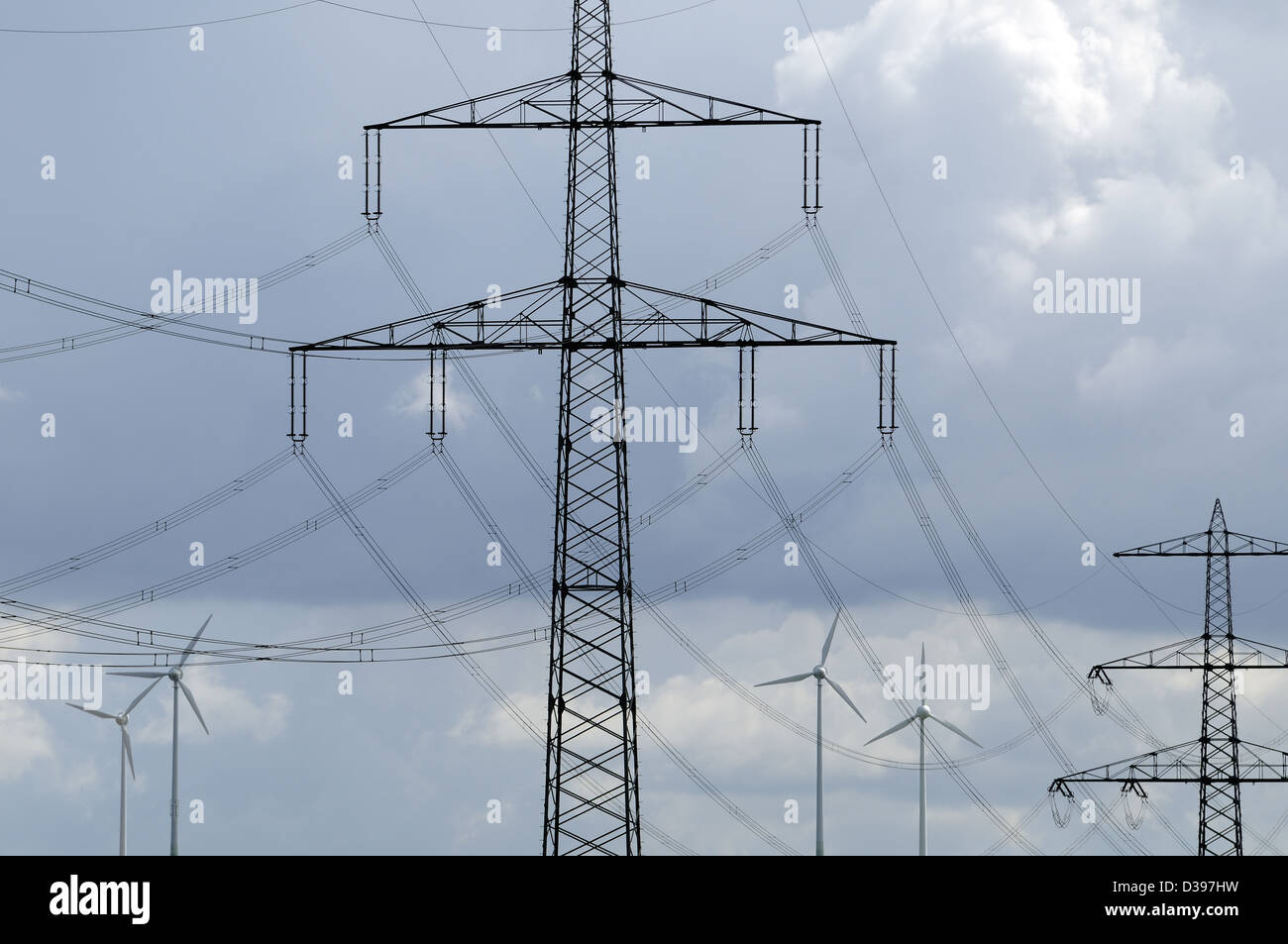 Emmerthal, Germany, power lines and wind turbines Stock Photo