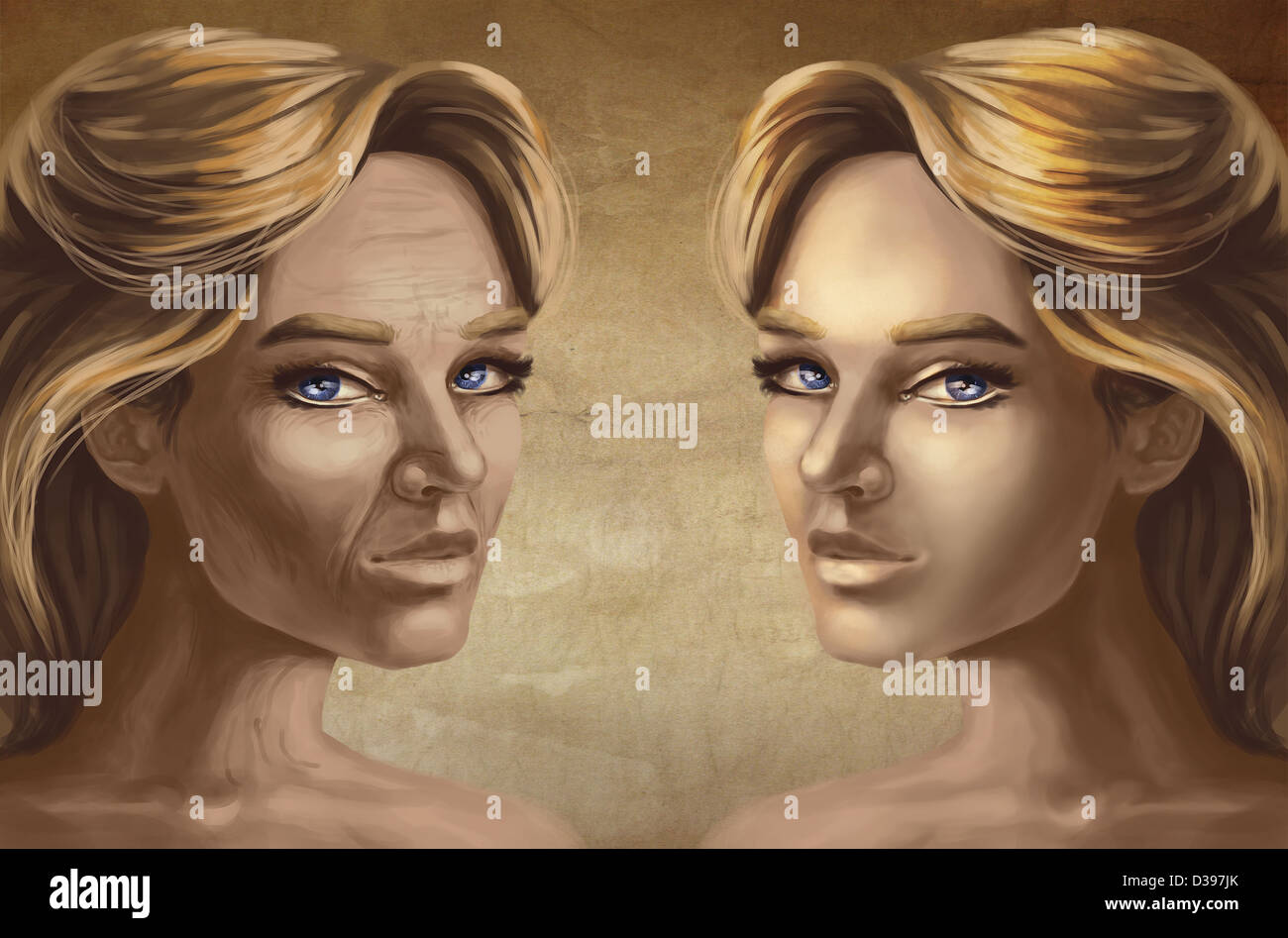 Differential female faces depicting after effects cosmetic surgery Stock Photo