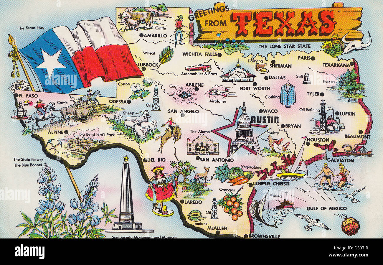 Texas map postcard, around year 1950 Stock Photo