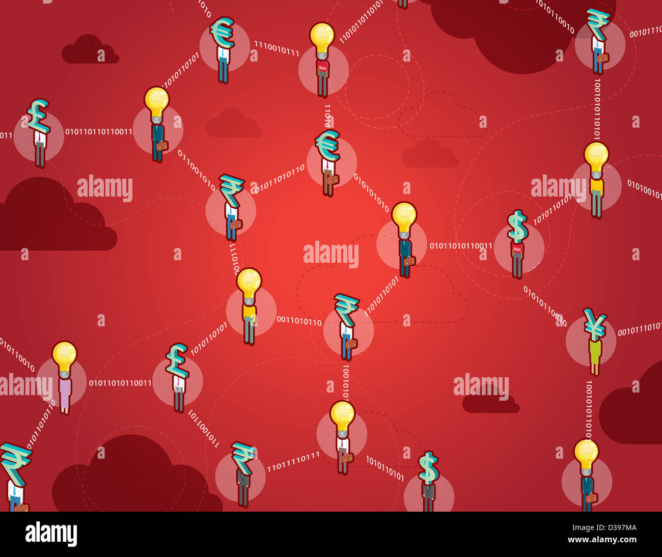 Currencies with light bulbs in DNA structure over red background depicting business network Stock Photo
