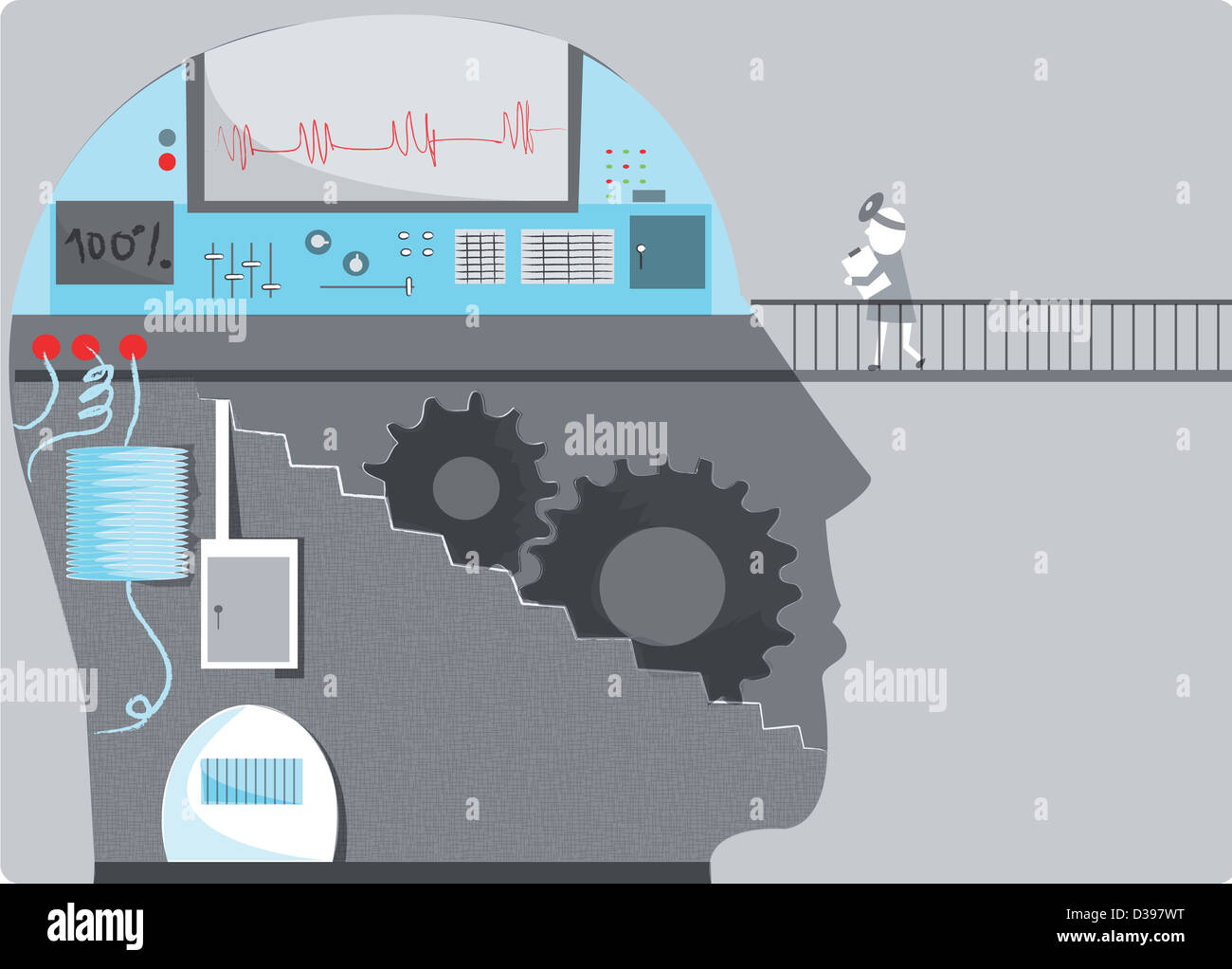 Mechanic with human head consisting of machinery and graph depicting brain mechanism Stock Photo
