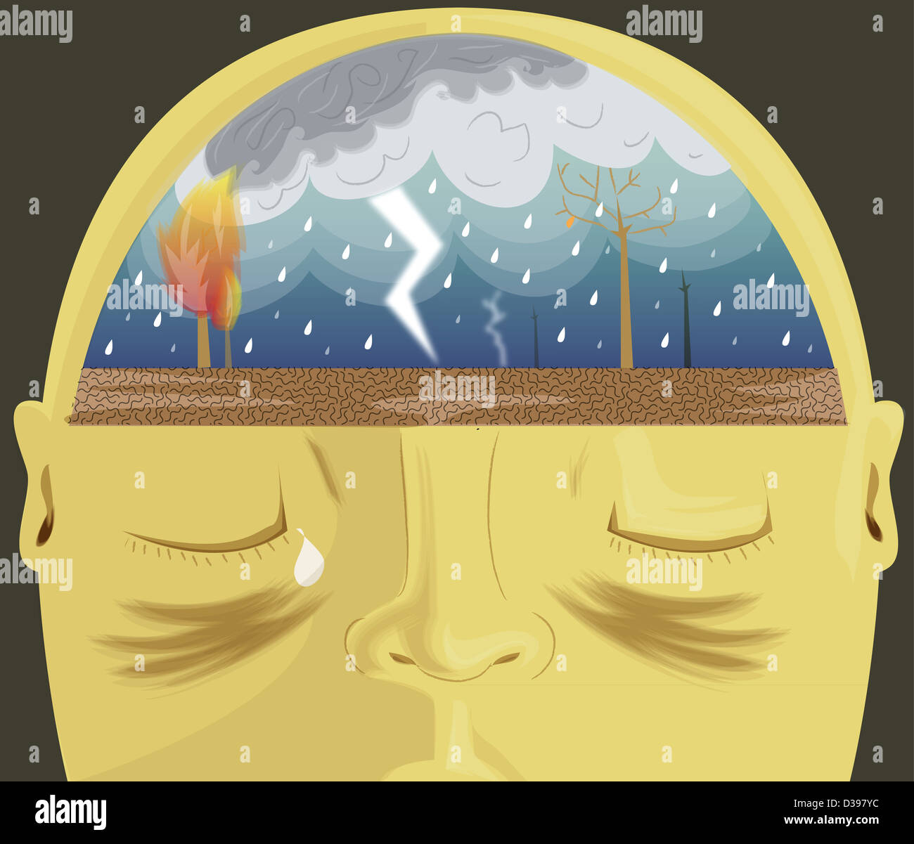 Close-up of a human head consisting with heavy rains depicting headache Stock Photo