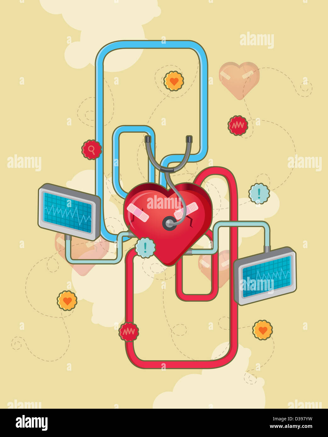 Heart connected with pulse trace screen depicting cardiology Stock Photo