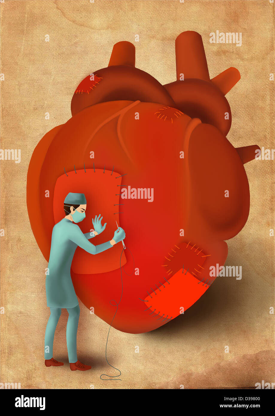 Male surgeon stitching heart with needle and thread depicting surgical