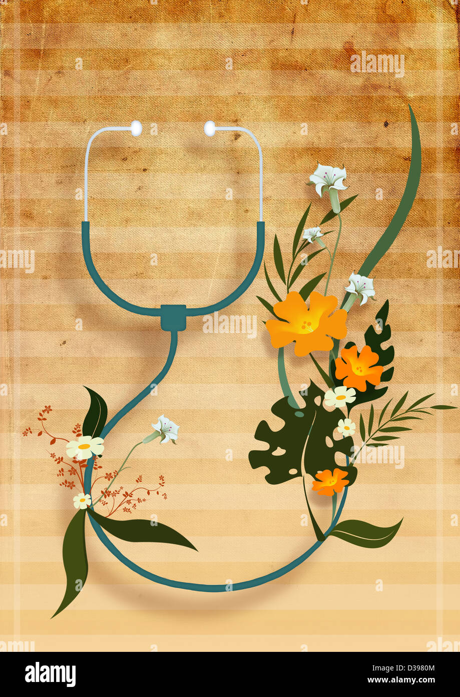 Herbal stethoscope with flowers over colored background depicting