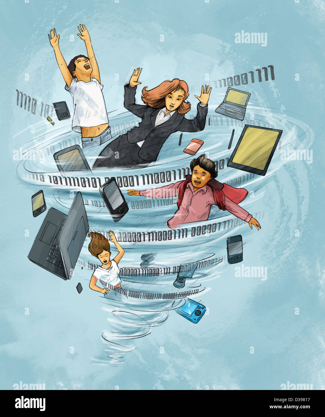 People with laptop and mobile phones trapped in twister depicting internet addiction Stock Photo