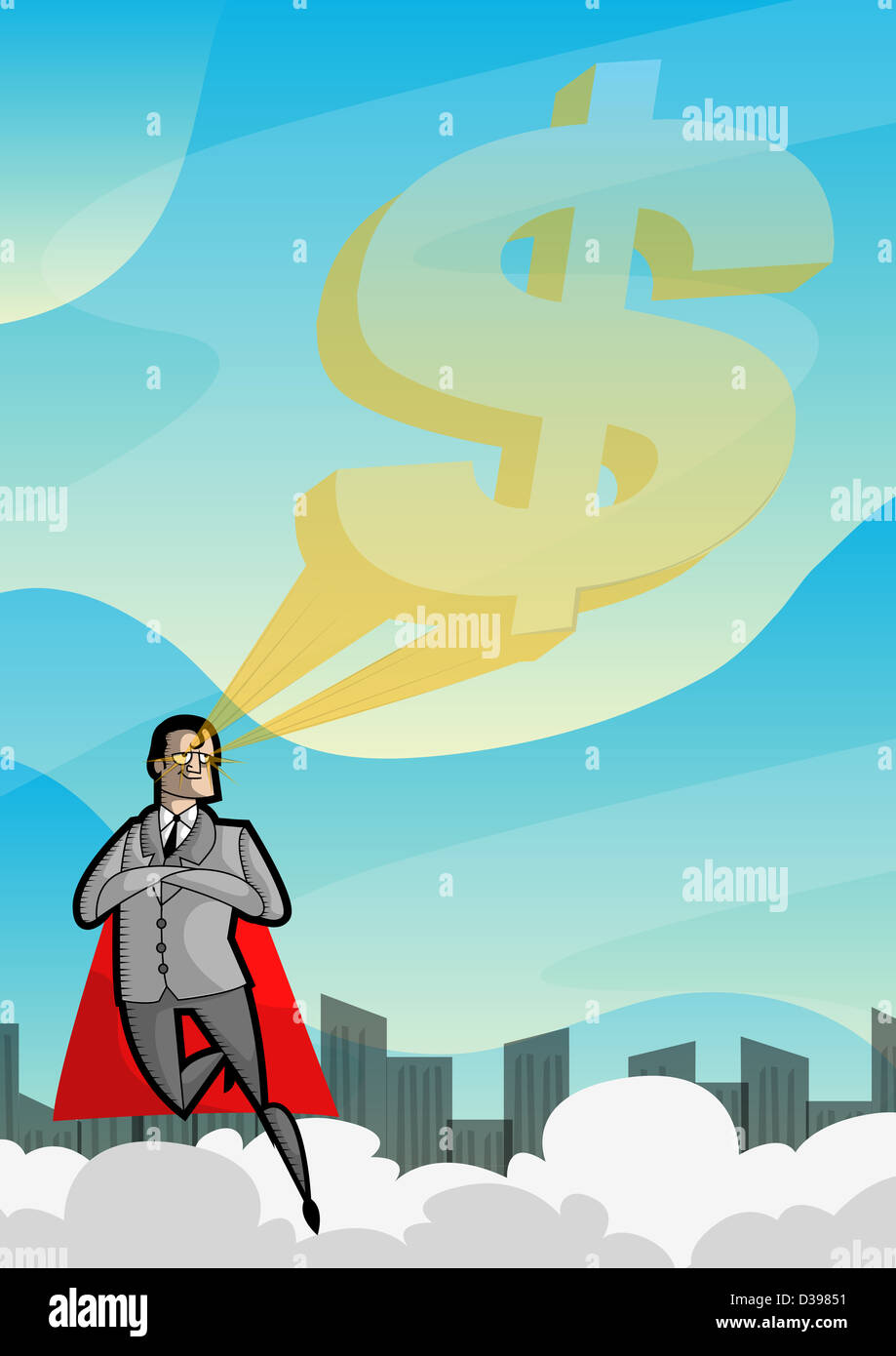 A businessman flying with vision of dollar sign depicting superman Stock Photo