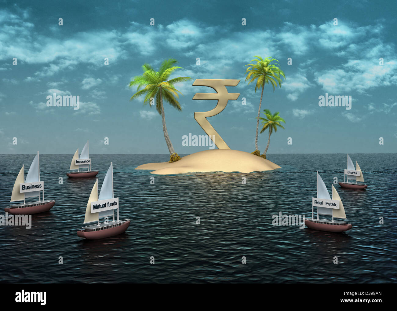 Rupee island surrounded by sailboats representing investment choices Stock Photo