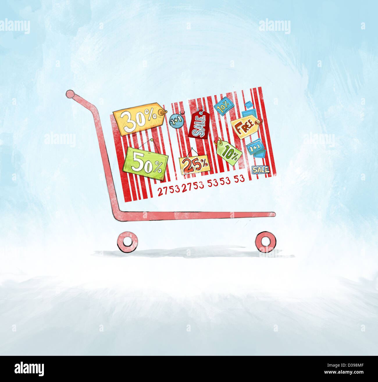Shopping cart with barcode and price tags depicting the concept of