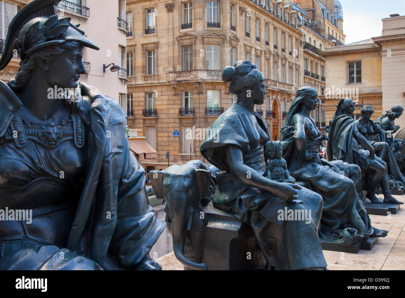 The Six Continents - female sculptures representing the different continents at Musee d'Orsay, Paris France Stock Photo