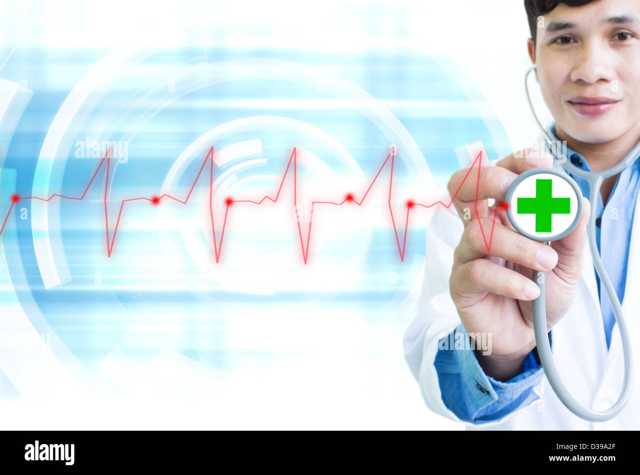 Close Up Doctor Showing Stethoscope With Green Cross,Design for Health care and Medical Concept Stock Photo
