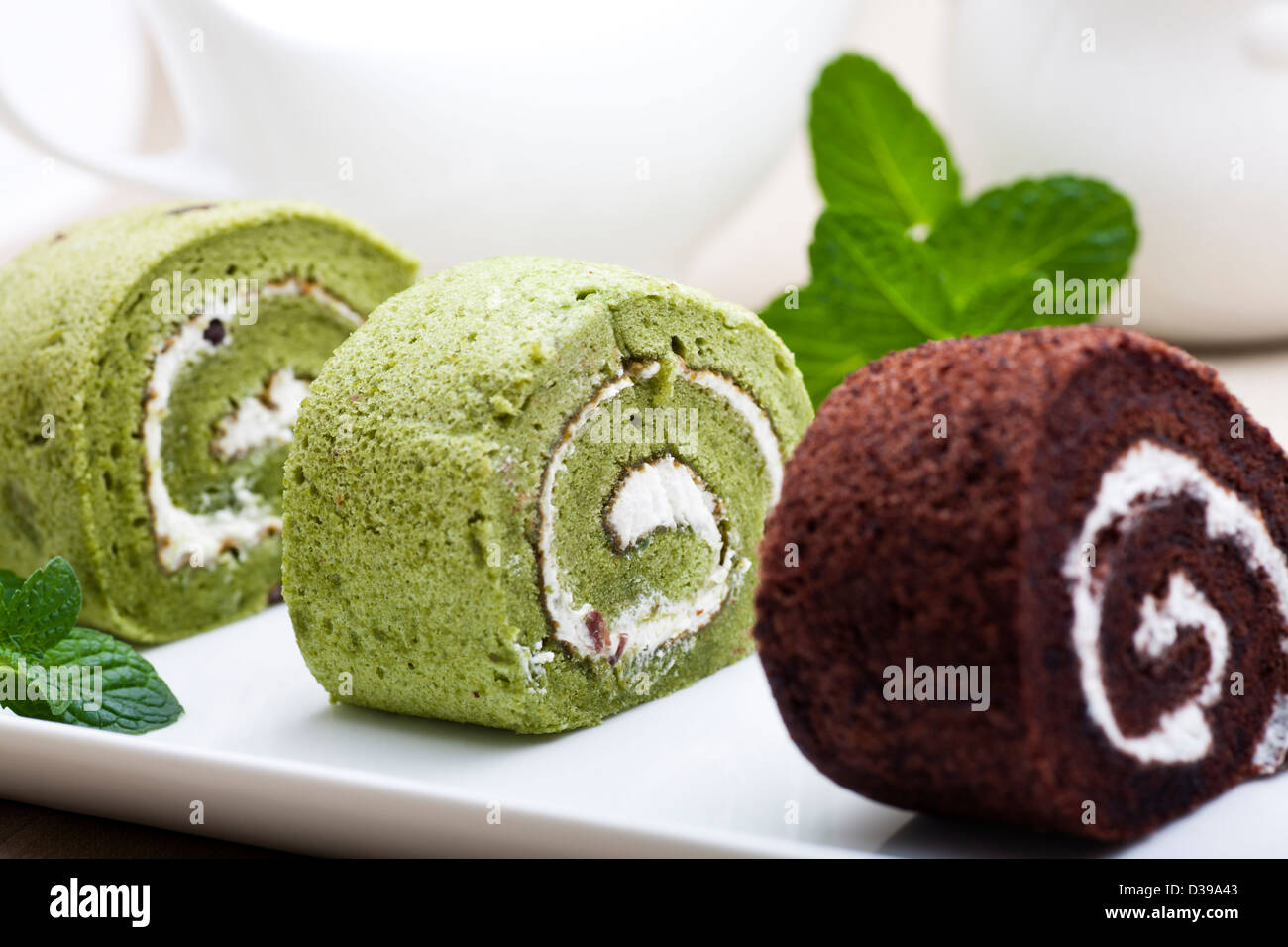 Swiss rolls, chocolate and matcha flavor Stock Photo