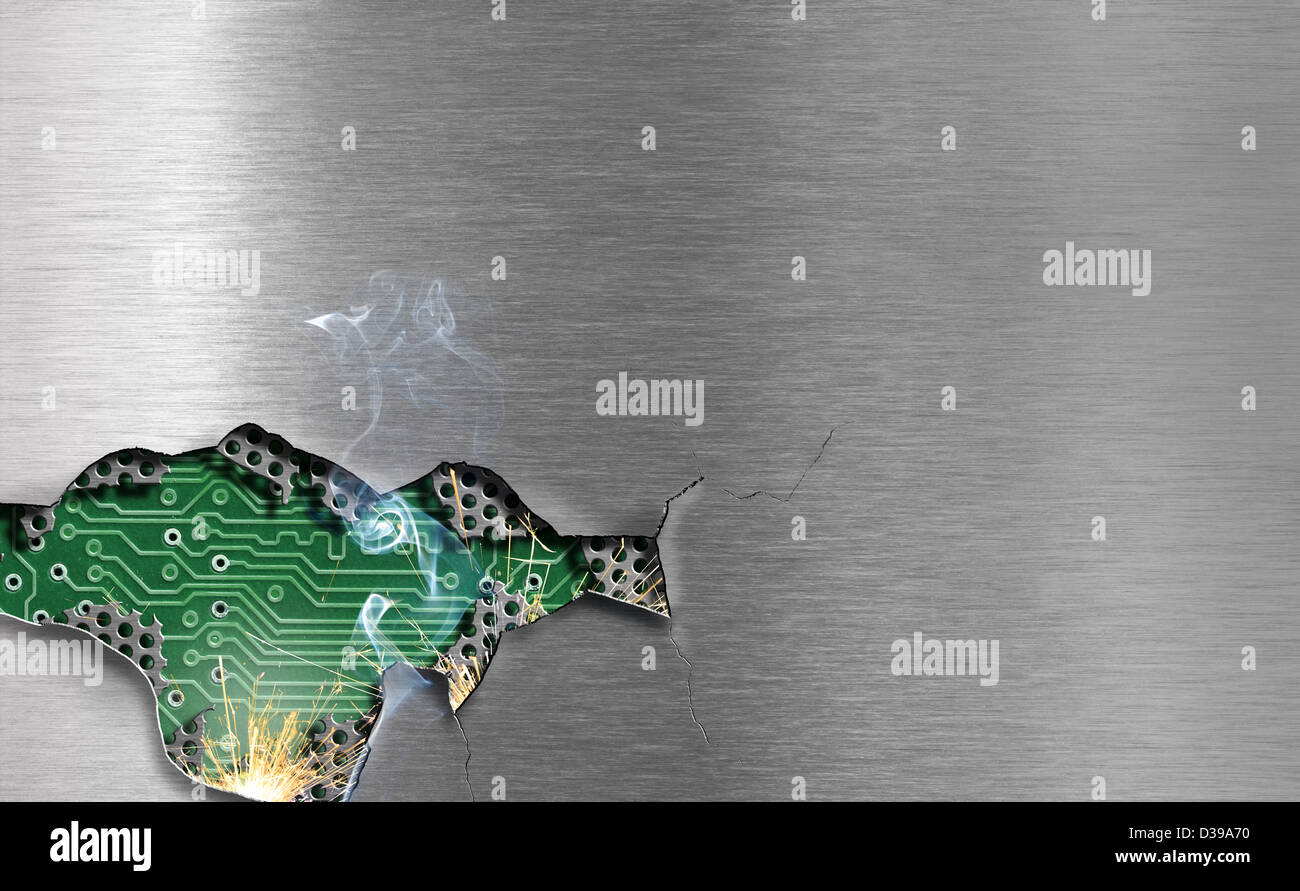 metal background with mechanical damage and visible electronical contents Stock Photo