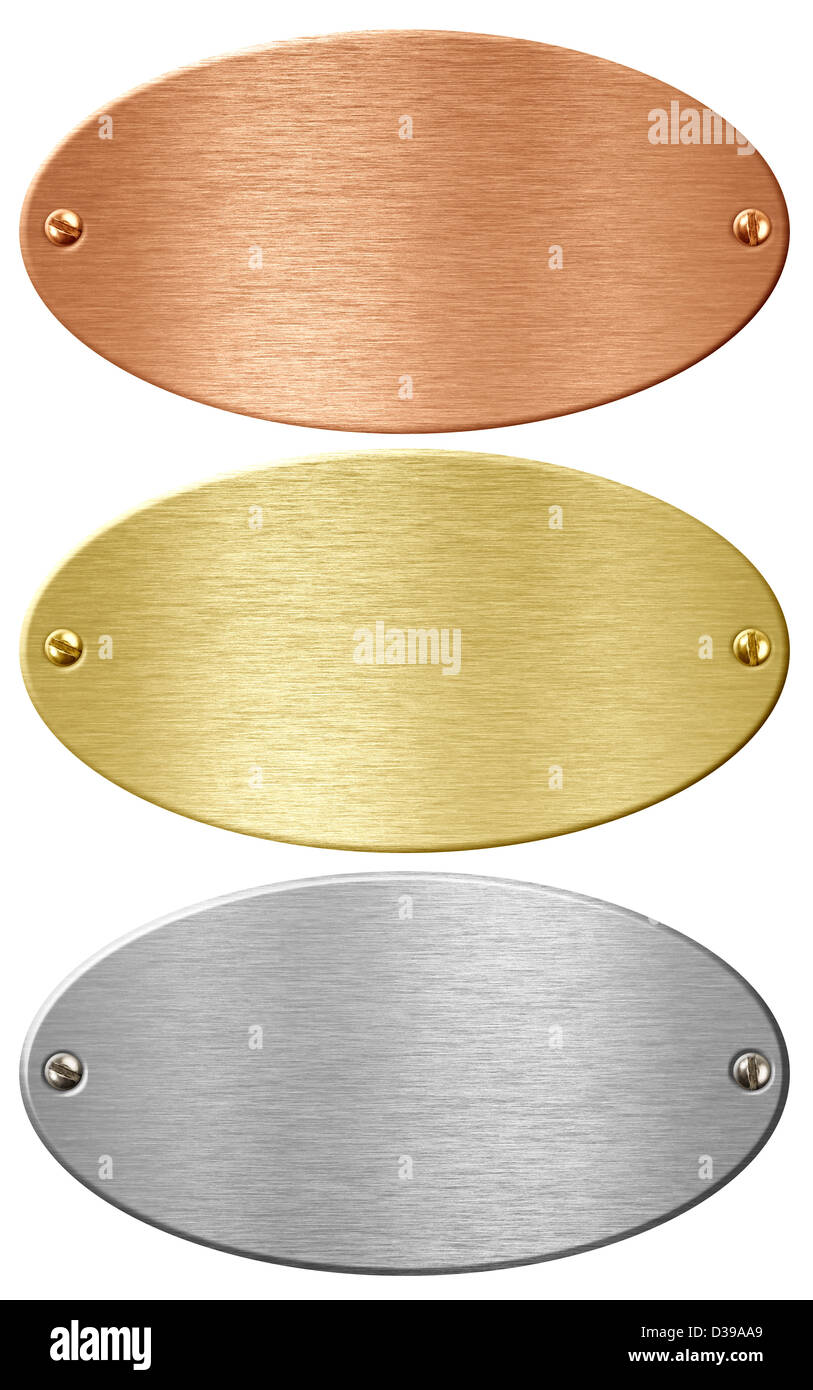 Silver, gold and bronze metal ellipse plates isolated with clipping path included Stock Photo