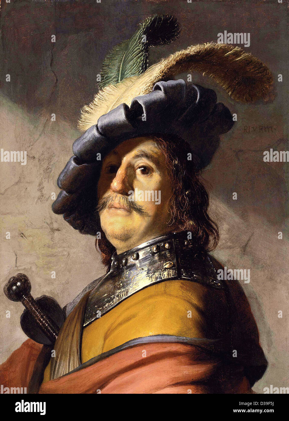 Rembrandt van Rijn, Bust of a man in a gorget and a feathered beret. 1627 Oil on panel. Baroque. Gallery: Private collection. Stock Photo