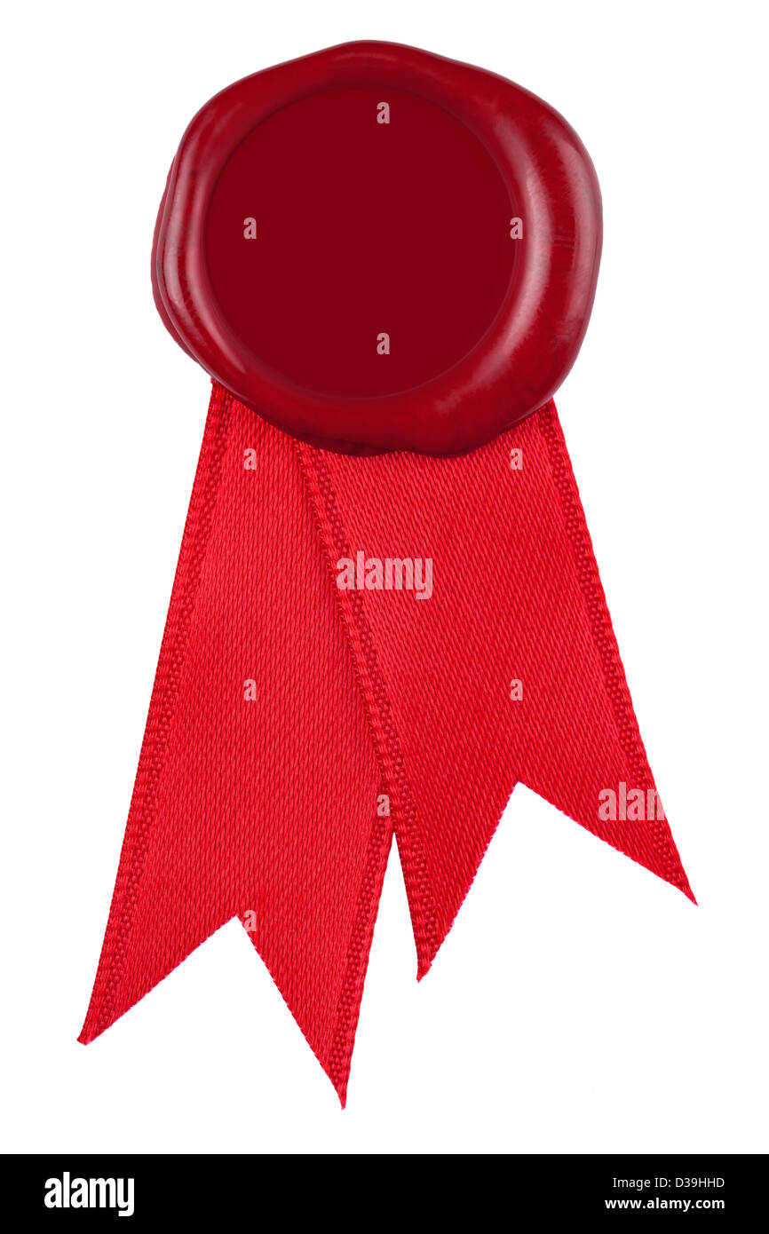 Photo of a red wax seal and ribbon, the centre is blank to add you own design or text. Isolated on a white background. Stock Photo