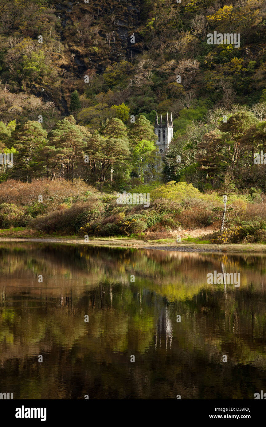 Reflection of the Gothic Church at Kylemore Abbey, Connemara, County Galway, Ireland. Stock Photo
