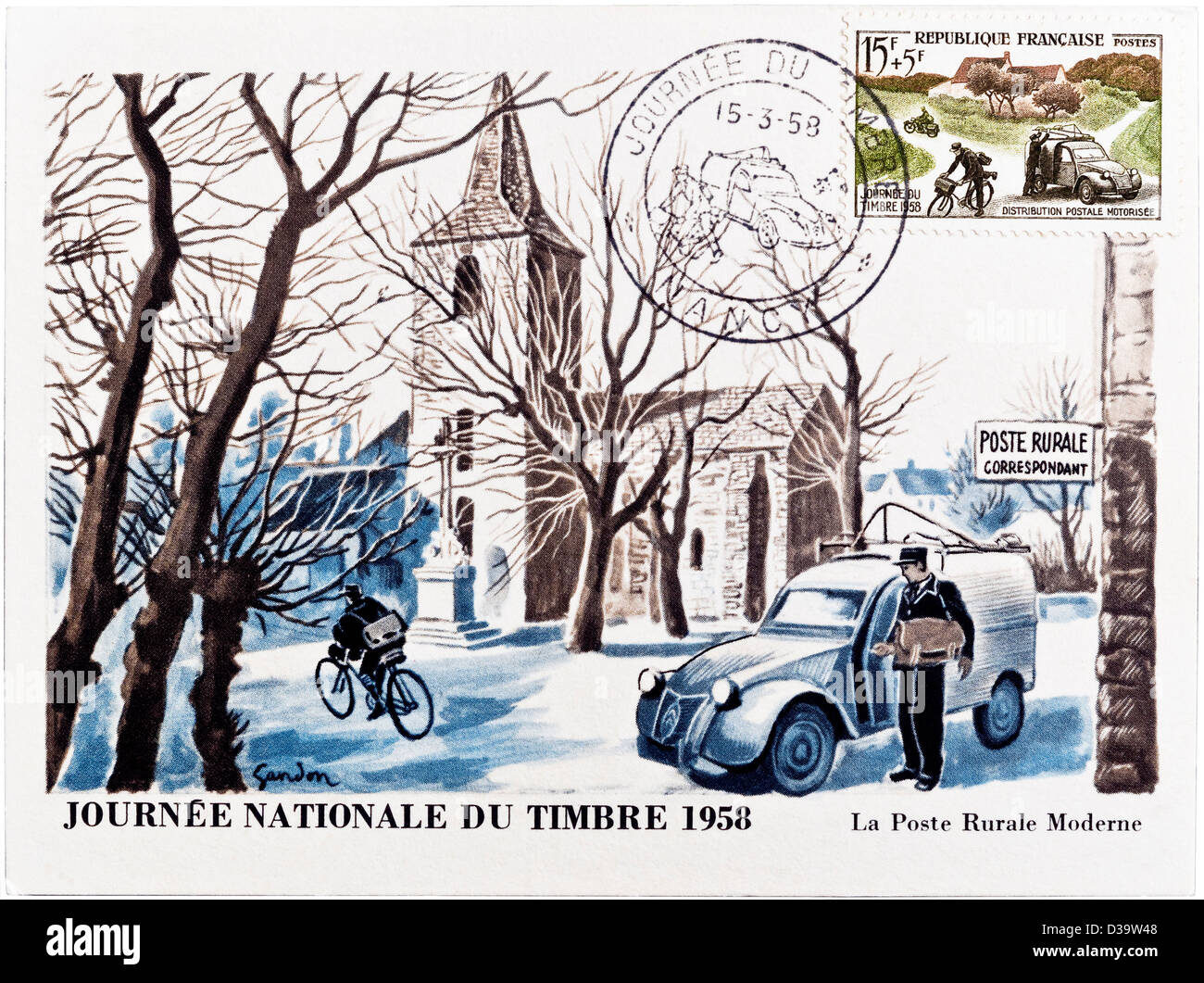 1958 French postcard 'Journée Nationale du Timbre' (National Stamp Day). Stock Photo