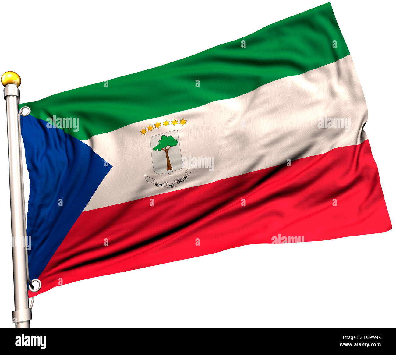 Equatorial Guinea flag on a flag pole. Clipping path included. Silk texture visible on the flag at 100%. Stock Photo