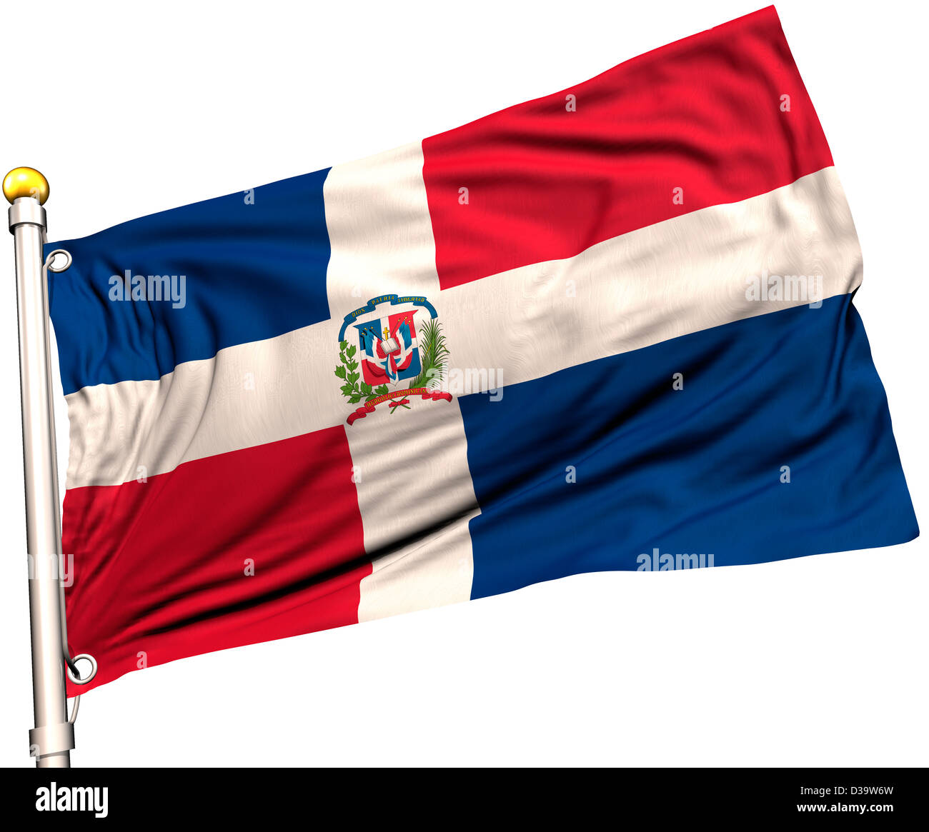 Dominican Republic flag on a flag pole. Clipping path included. Silk