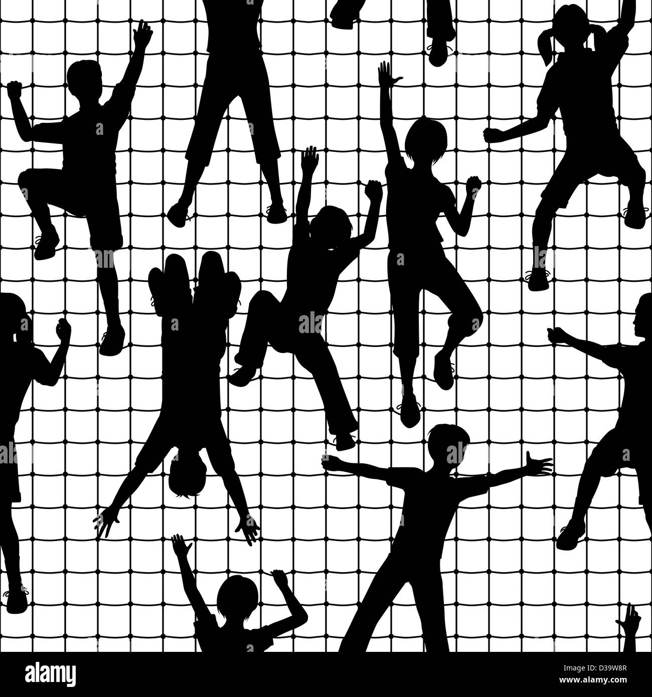 Seamless tile of children silhouettes climbing a rope mesh Stock Photo